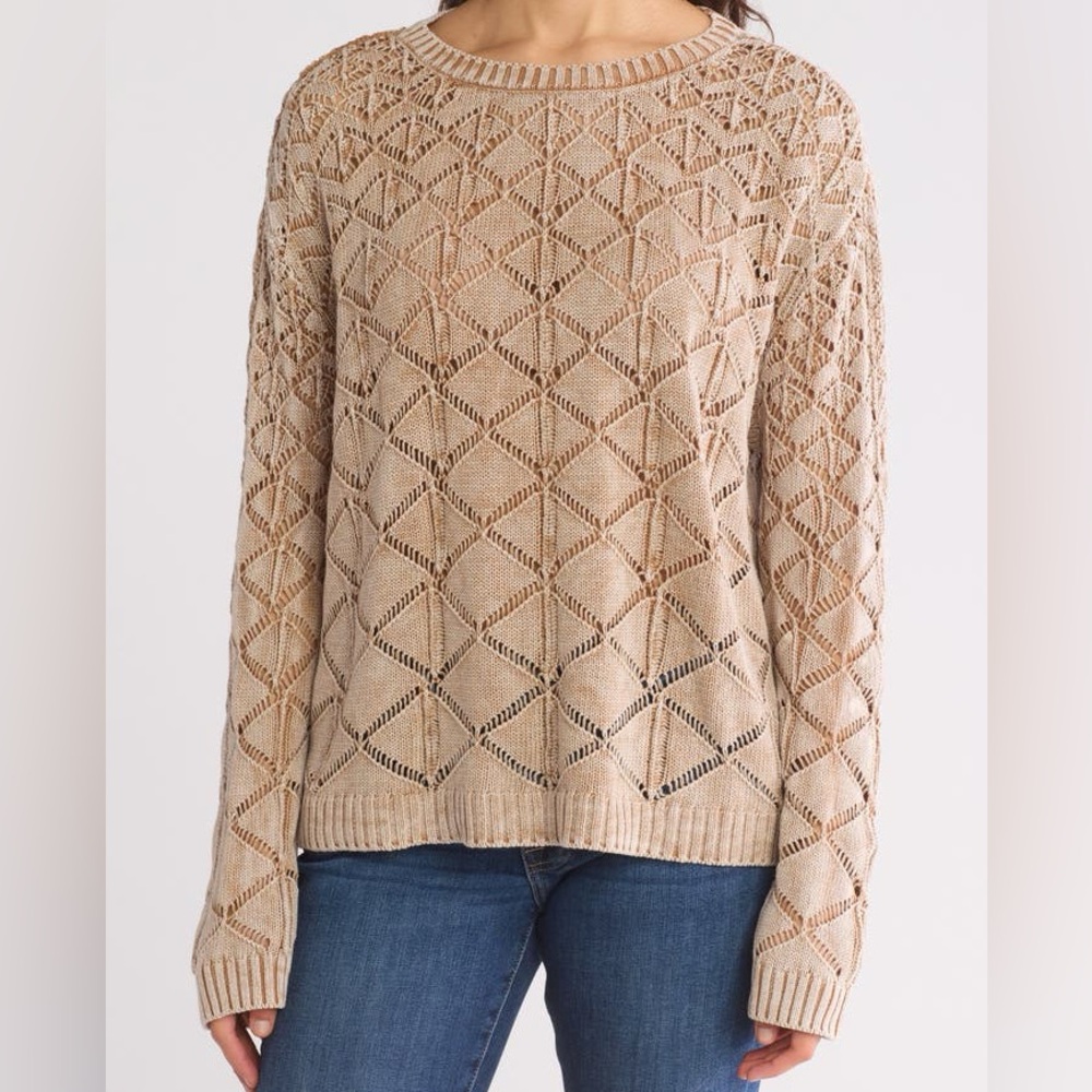 Black Rainn | 100% Cotton Burnout Crew Neck Sweater Neutral - Boho Chic - NWT